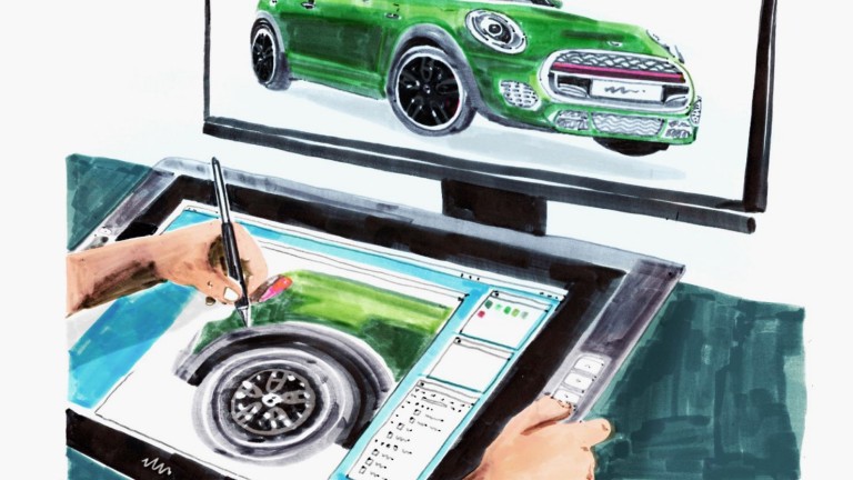 Someone designing a MINI Cooper S in British Racing Green on a computer screen using a tablet