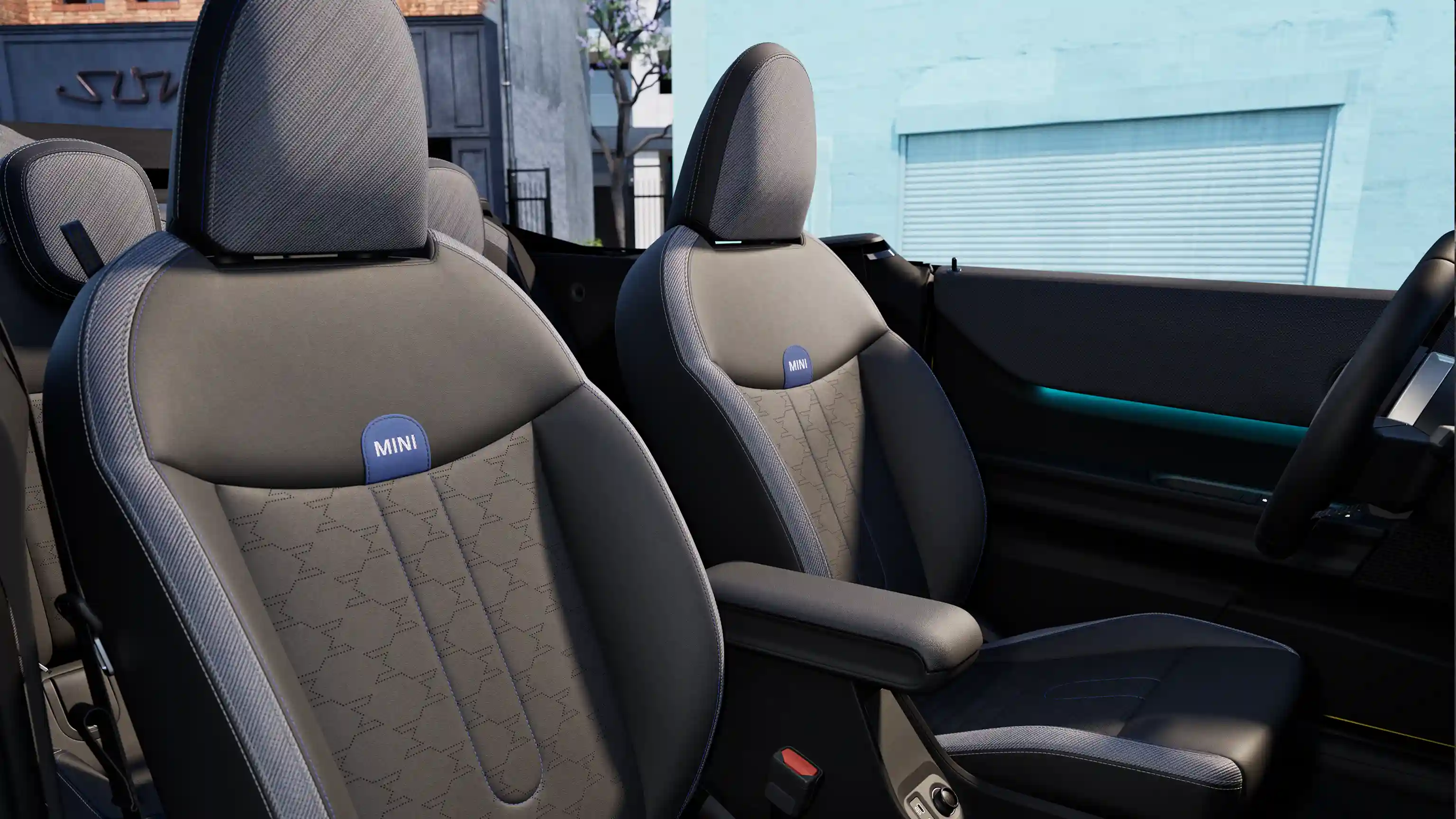 View of the MINI Cooper Convertible Classic style seats in Black/Blue Vescin/Cloth