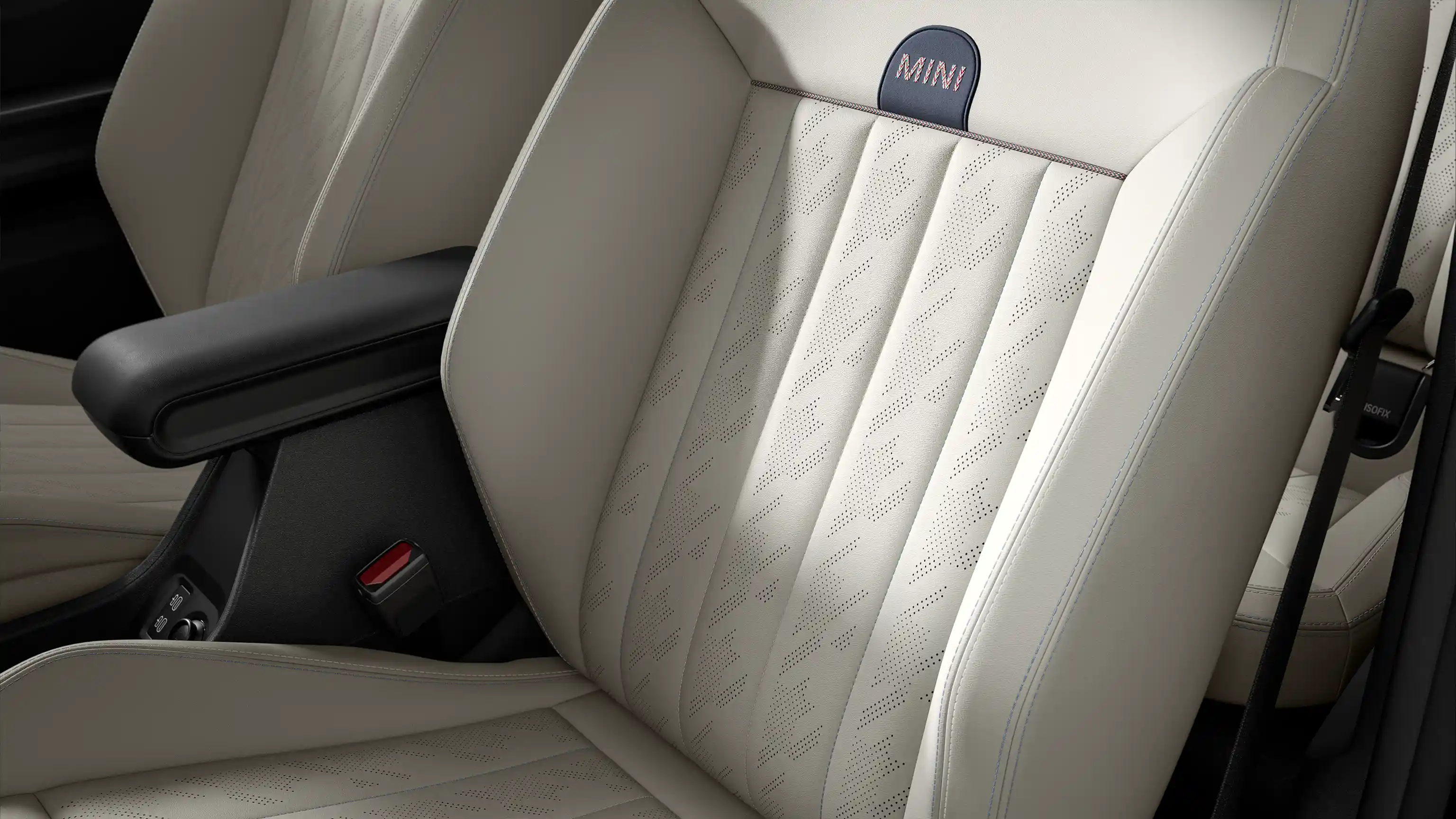 View of the MINI Cooper Convertible Exclusive style seats in Beige Vescin