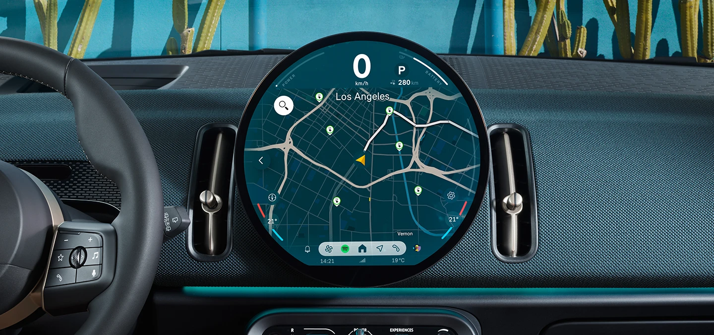 Detailed view of the all-electric MINI Countryman interaction unit focusing on the navigation.