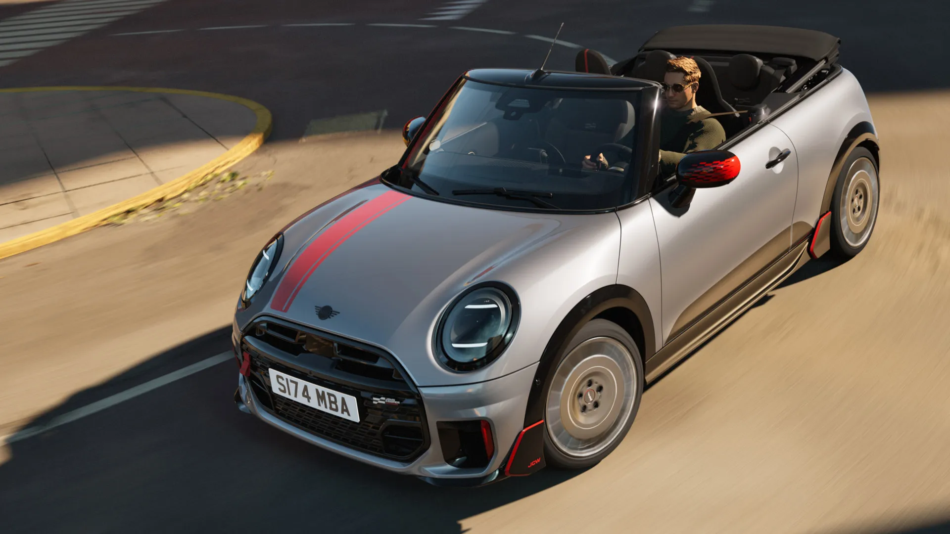 Overhead front view of MINI Convertible sporting John Cooper Works decals in Chili Red.
