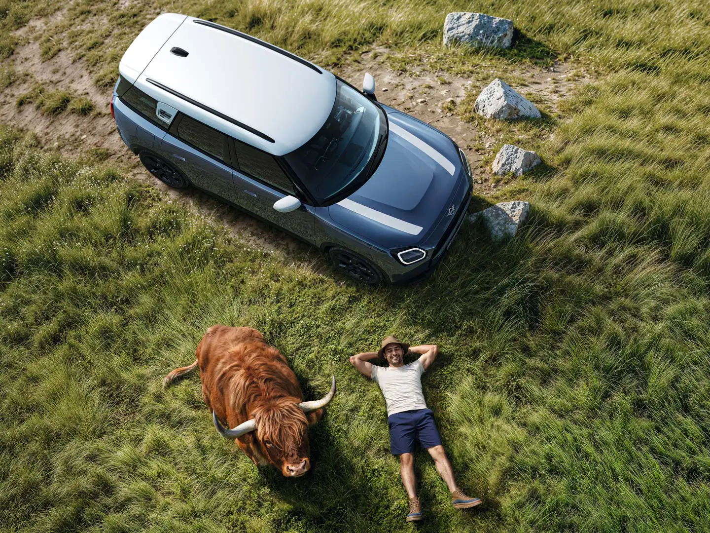 Man relaxing on grass next to his MINI Countryman S ALL4 and a Highland Bull lying next to him.