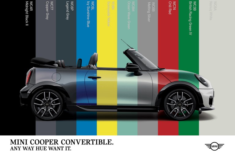 MINI Convertible colour range with ten paint finishes displayed side by side.