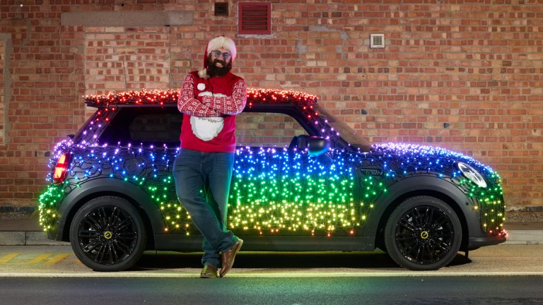 MINI Electric covered in Christmas lights