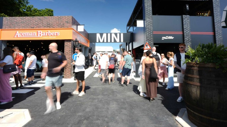 Crowd mingling at an outdoor event beneath a bright blue sky. The scene features an "Aceman Barbers" shop and a large "MINI" sign. A wooden barrel planter is in the foreground, adding to the lively atmosphere.
