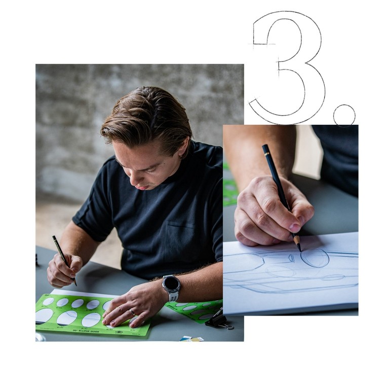MINI Automotive Designer Josef Kuhlmann using a stencil to draw the tires.Detailshot of MINI Automotive Designer Josef Kuhlmann’s hand drawing the headlights of the MINI.
