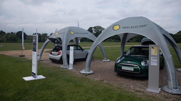 Two MINI Electric cars on display at Southampton parkrun