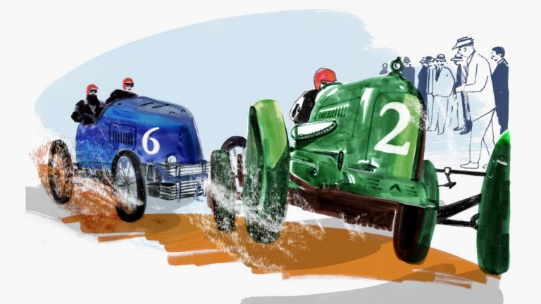 An illustration of two old racing cars in blue and green at a Gordon Bennet Cup