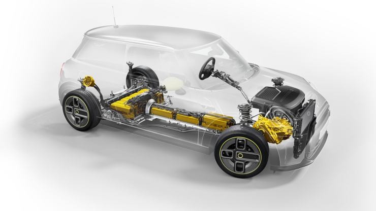 Diagram of a MINI Electric car drivetrain and electric motor demonstrating how electric cars work