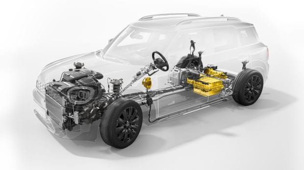 Diagram of a MINI Phev car drivetrain and electric motor demonstrating how electric cars work