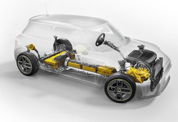 Diagram of a MINI Electric car drivetrain and electric motor demonstrating how electric cars work