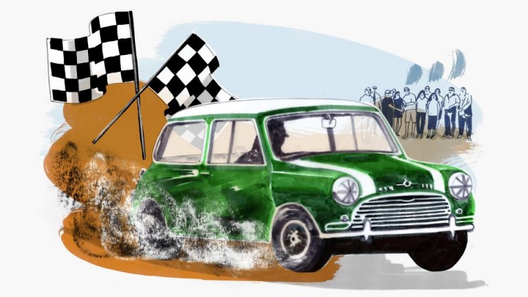A MINI Cooper S in British Racing Green with two white racing stripes down the front – with racing flags in black and white and illustrations of people
